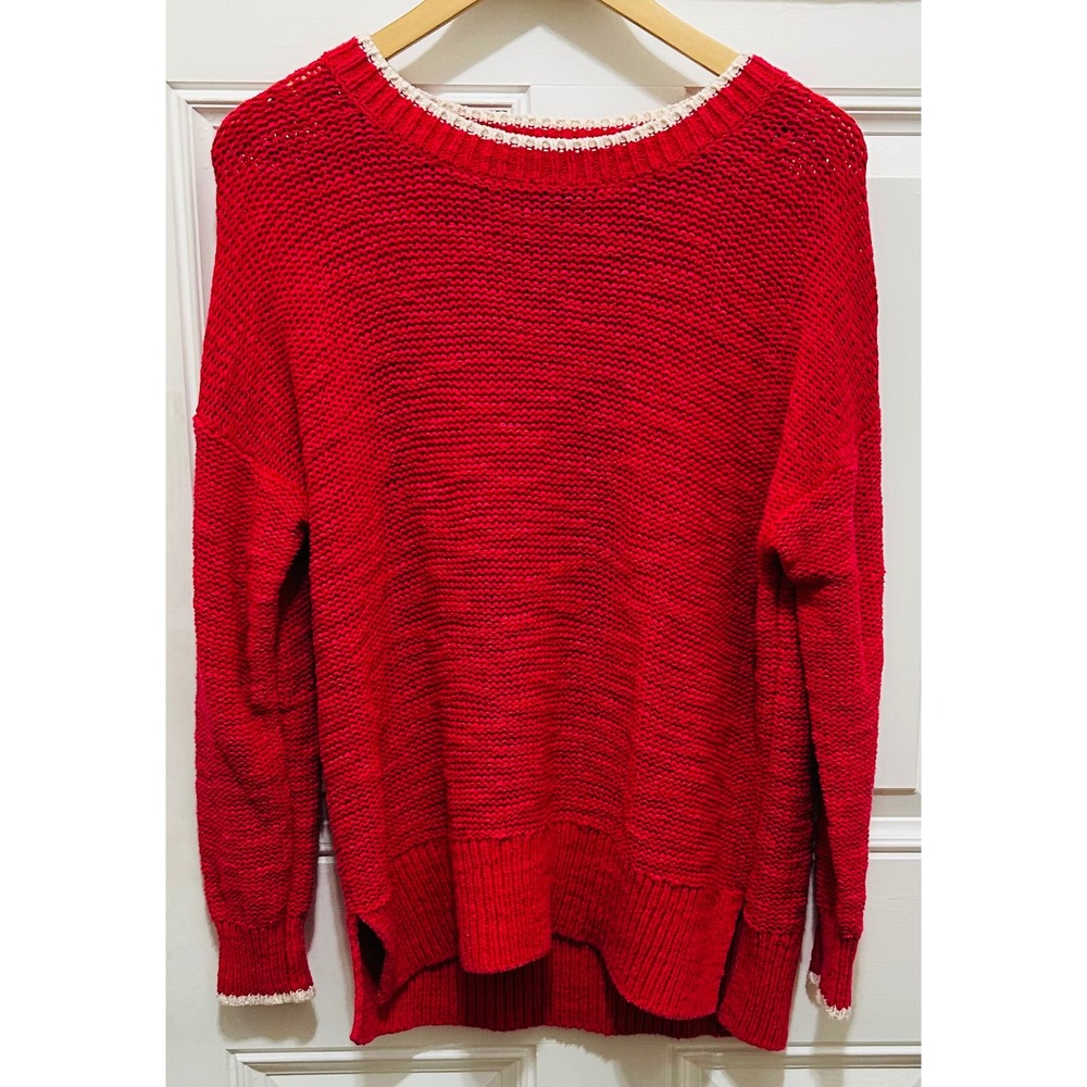 J.Crew Womens Red Cotton Blend Knit Sweater Crochet Trim Size Small‎ S